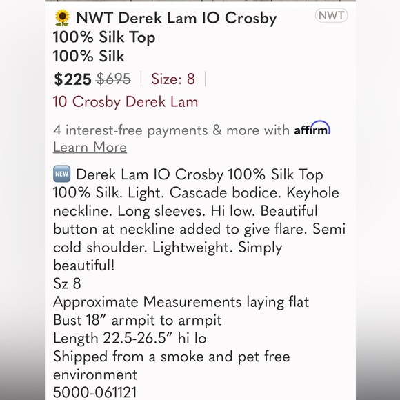 🌻 NWT Derek Lam IO Crosby 100% Silk Top
100% Silk - Picture 3 of 16